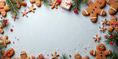 The primary subject of the image is a close-up of a gingerbread man, surrounded by other gingerbread men and various types of cookies. The setting is a blue background, which adds a contrasting color to the scene. The visual style is a combination of photo and digital art, creating a festive and holiday-themed atmosphere. The colors and mood are predominantly warm and cheerful, with the gingerbread men and cookies being the main focus of the image.